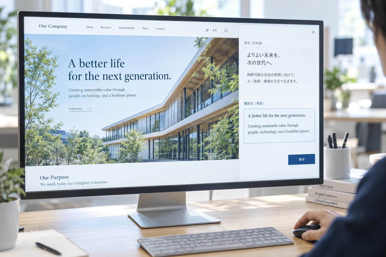 Webページと訳文を確認する業務風景の生成イメージ